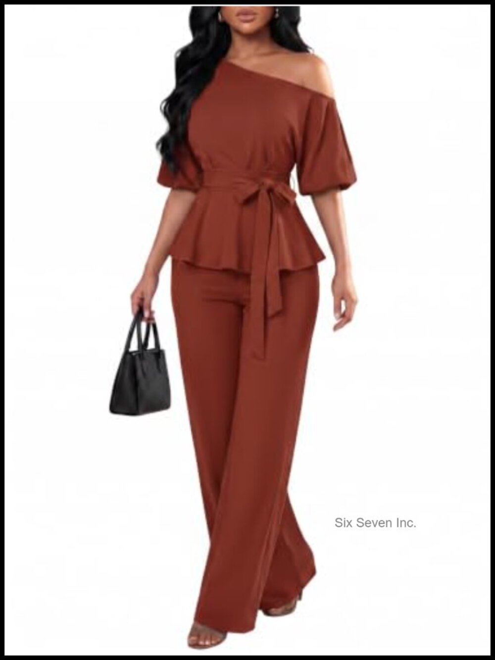 2 Piece Puff Sleeve One Shoulder Peplum Top Wide Leg Pants Set